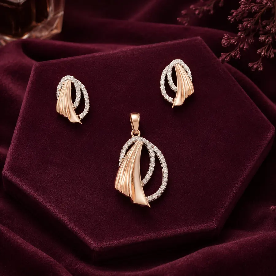 Coral CZ Rose Gold pendant and earrings set on velvet